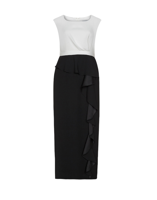 Für Plussize-Fashionistas: Elegantes Abendkleid in Schwarz-Weiß mit kleinem Volant